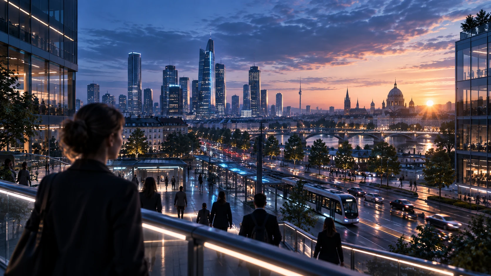 City at dawn: people and mobility networks in one shared environment.