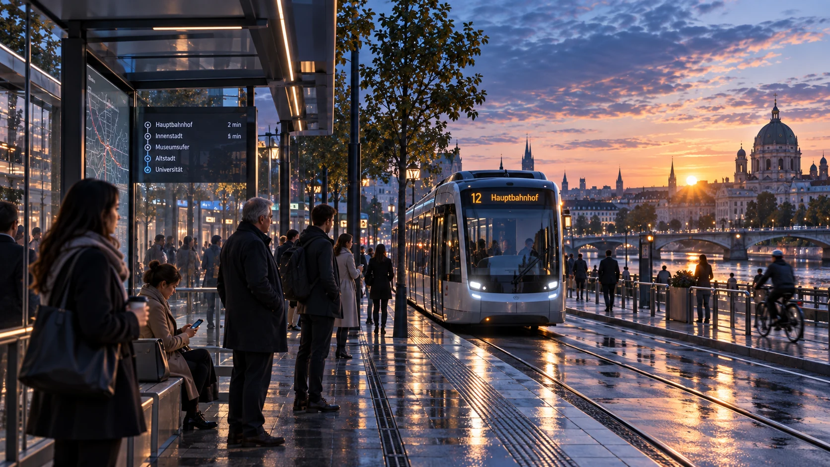 Des personnes attendent les transports urbains.