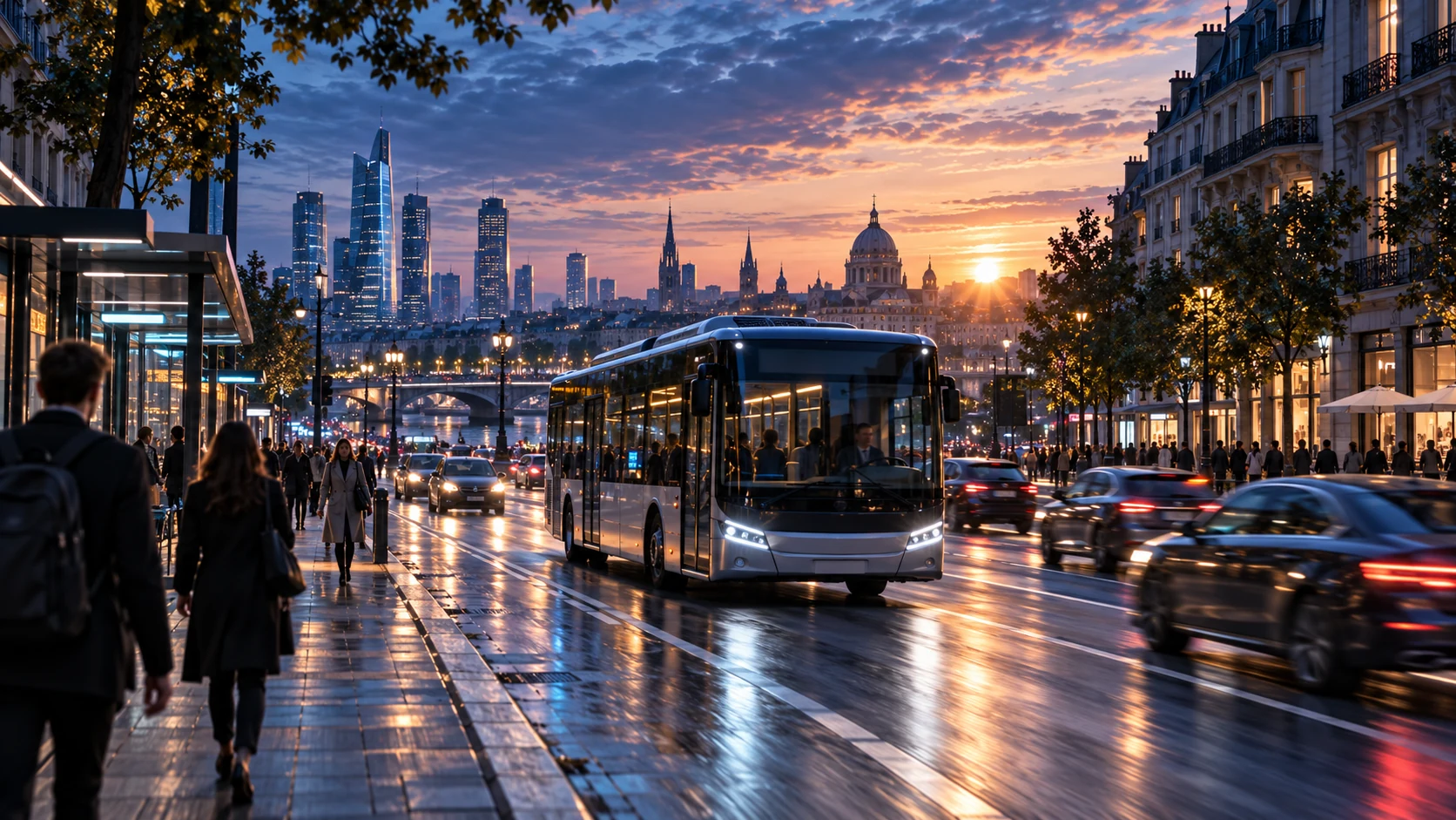 A bus travels through the city at dawn.